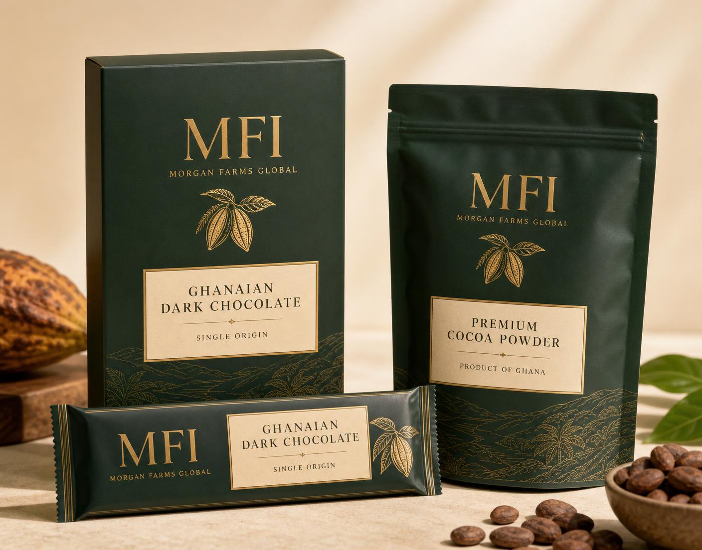 Illustrative MFI-branded Ghanaian chocolate and cocoa packaging